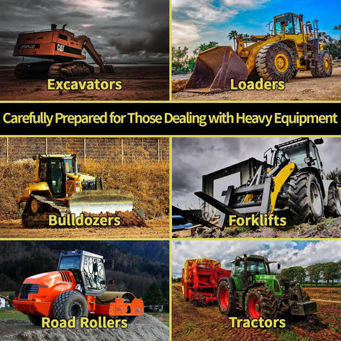 Construction vehicles collage including excavators, loaders, bulldozers, forklifts, road rollers, and tractors