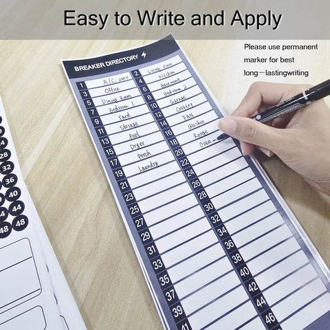 Slick Complete Electrical Panel Labels Kit With 48 Circuit Breaker Tabs showing writable directory sheet and pen.