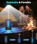 Outdoor And Indoor 3 In 1 4500V Mosquito Killer With Camping Light Cordless Rechargeable next to tent and campfire