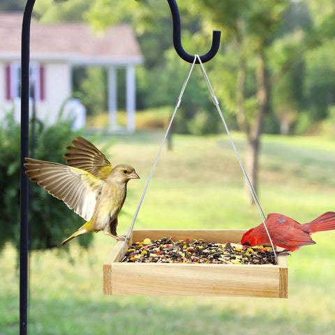 Eco Friendly Wood Hanging Bird Feeder Tray For Outdoors All Weather Durable Garden Wildlife Feeding Station in a garden setting