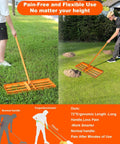 Demonstration of heavy duty lawn leveling rake with 72 inch adjustable handle for soil sand and grass, ergonomic use in lawns and gardens.