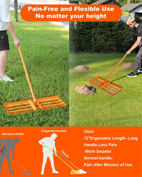 Demonstration of heavy duty lawn leveling rake with 72 inch adjustable handle for soil sand and grass, ergonomic use in lawns and gardens.