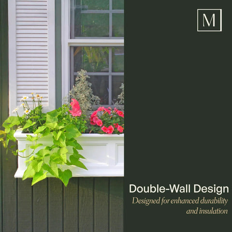 Three Foot Self Watering Window Box Planter With Double Wall Design All Season UV Resistant Outdoor Flower Box Includes Steel Mounting Bracket Fade Resistant White installed on a window with flowers.
