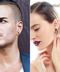 Close-up of two people wearing 0G Ear Tunnel Plug Set Wood And Stainless Steel Double Flared Saddle Plugs in ears.