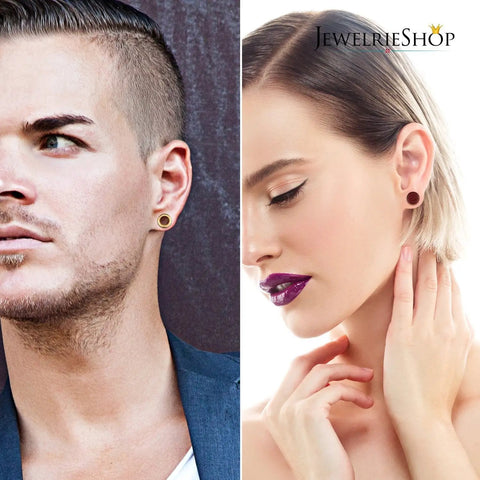 Close-up of two people wearing 0G Ear Tunnel Plug Set Wood And Stainless Steel Double Flared Saddle Plugs in ears.