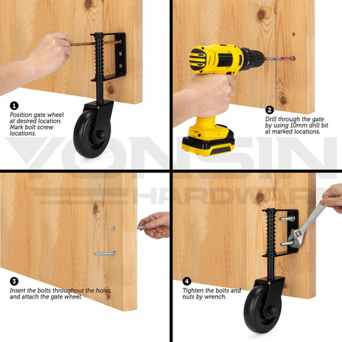 Installation of Heavy Duty Spring Loaded Gate Caster With Bearing And 360 Degree Swivel For Wooden Gates Fences And Metal Tube Gates Anti Sag Drag Gate Wheel Kit 200 Lb Capacity Per Pair Durable Black Construction Includes 2 Pcs step by step on wooden gate