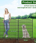 Tall 40 Inch High Outdoor Decorative Garden Fence With Gate, 23.6 Foot Long No Dig Dog Fence For Yard, Patio, And Garden, shown installed with a dog behind it.