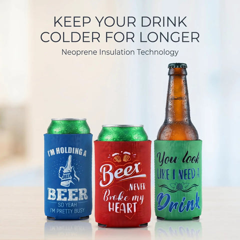 Snag This Awesome Bulk Set Of Eight Different Funny Quote Insulated Neoprene Can Coolers That Collapse For Easy Storage shown with cans and bottle inside.