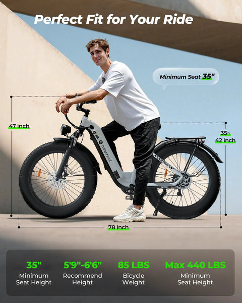 Person riding Beast 1500W Electric Fat Bike For Adults With Full Suspension And Hydraulic Brakes 26 Inch Snow White