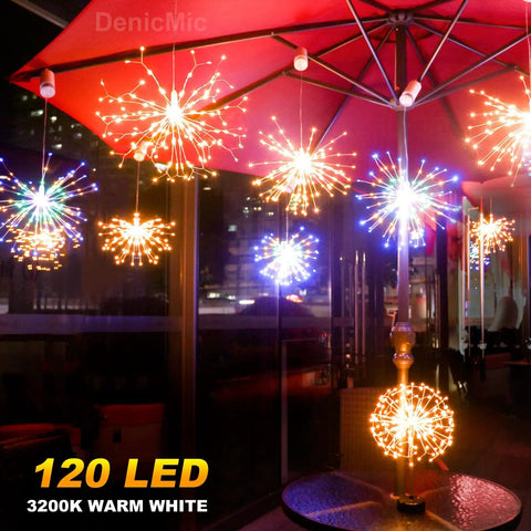 Lit 200 LED Copper Wire Starburst Fairy Lights With Remote Battery Operated Warm White 8 Modes Hanging Sphere Outdoor Decor