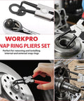 4 Piece Snap Ring Pliers Set, Seven Inch Internal And External Circlip Pliers Kit With Straight And Bent Jaw, Ideal For Ring Remover Retaining Clips, Durable Carbon Steel Construction, Storage Pouch Included, shown in use.
