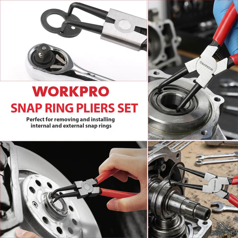 4 Piece Snap Ring Pliers Set, Seven Inch Internal And External Circlip Pliers Kit With Straight And Bent Jaw, Ideal For Ring Remover Retaining Clips, Durable Carbon Steel Construction, Storage Pouch Included, shown in use.