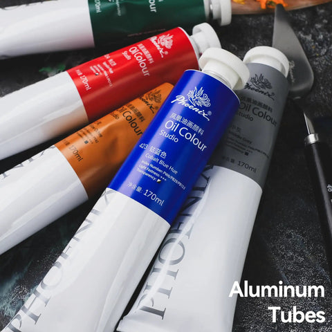 Close-up of various colored oil paint tubes, including Raw Sienna Oil Paint Pro Grade Studio Tube 170ml With High Pigment Thick Creamy Texture And Strong Tinting Power For Rich Color And Long Lasting Permanence Raw Sienna 601, displayed on a surface.