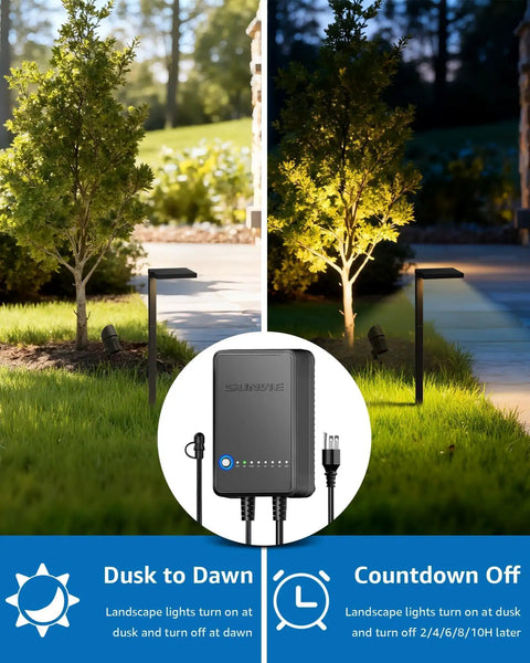 All In One Outdoor Landscape Lighting Kit With 60W Low Voltage Transformer illuminating garden pathway at dusk
