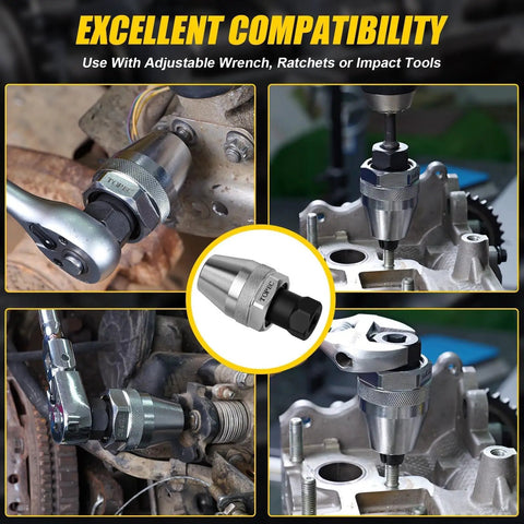 Rugged Stud Extractor Tool For Damaged Bolts And Studs From One Quarter Inch To One Half Inch Three Eighths Drive Grips Seized Rusted Or Painted Over Fasteners For Quick Bolt Removal Heavy Duty CR-MO Steel Remover in use on metal equipment