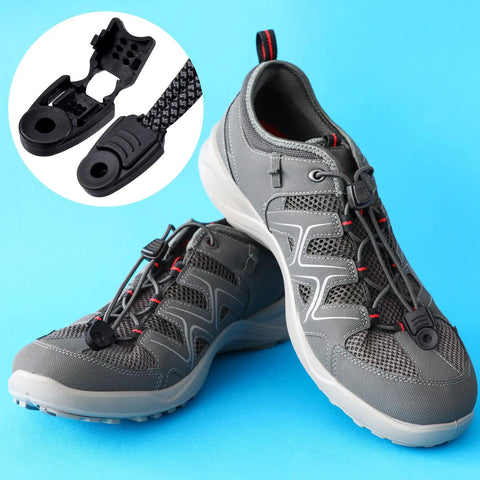 50 Pcs Zipper Pull Tabs And Cord Ends Kit For Paracord, Parachute Cord, Shoelace Tips, Cord Clips, Elastic Drawstring Ends shown on shoe
