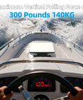 Person steering a boat in rough waters, displaying 300 Pounds pull capability, illustrating Starlink Mini Car Magnetic Roof Mount For Truck, Boat, And RV, Heavy Duty 4 Magnet System With 300 Pounds Pull, Stainless Steel Base, Sleek Vehicle Mounting Kit For Starlink Mini Dish On Any Rig.