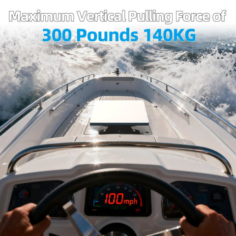 Person steering a boat in rough waters, displaying 300 Pounds pull capability, illustrating Starlink Mini Car Magnetic Roof Mount For Truck, Boat, And RV, Heavy Duty 4 Magnet System With 300 Pounds Pull, Stainless Steel Base, Sleek Vehicle Mounting Kit For Starlink Mini Dish On Any Rig.