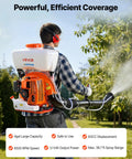 Person using Backpack Fogger Sprayer With 63cc 3HP Gas Engine, 4-Gallon Tank, spraying mist in garden for pest control.