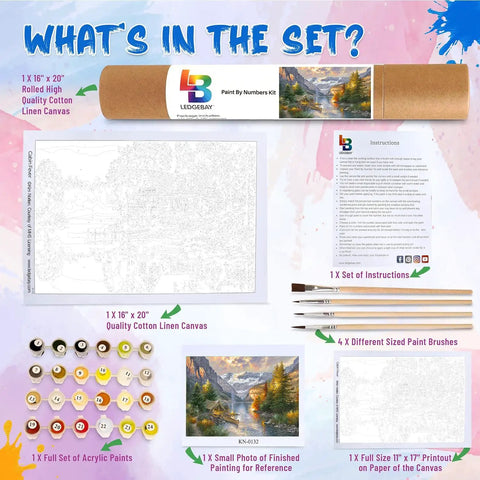 Chill Paint By Numbers Kit For Adults Unframed Canvas contents including canvas, paints, brushes, and instructions