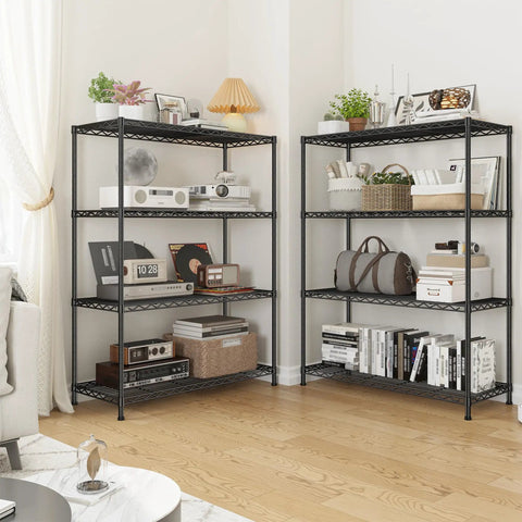 Beefy Heavy Duty 4 Tier Storage Rack With Adjustable Shelves In Black Strong Steel Garage Shelving Unit Holds Up To 620 Lbs Total, shown in a home room
