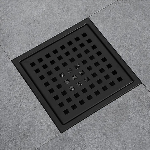 6 Inch Square Stainless Steel Shower Floor Drain With Removable Grate Anti Clog Hair Catcher Heavy Duty Brushed Finish Bathroom Drain Cover on grey tiles