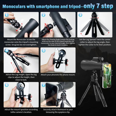 Clear 15x55 Monocular Telescope With Tripod And Phone Adapter For Adults, setup steps for birdwatching and phone capture