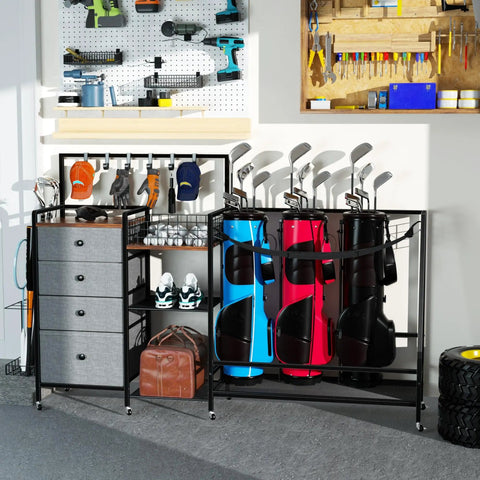 Heavy Duty Golf Bag Storage Rack For Garage Fits 3 Full Size Bags With 4 Drawers, Side Basket And Lockable Casters