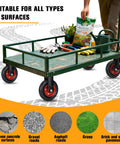 Metal garden cart on heavy duty casters set 8x2 inch solid rubber wheels with knobby tread, carrying gardening tools.