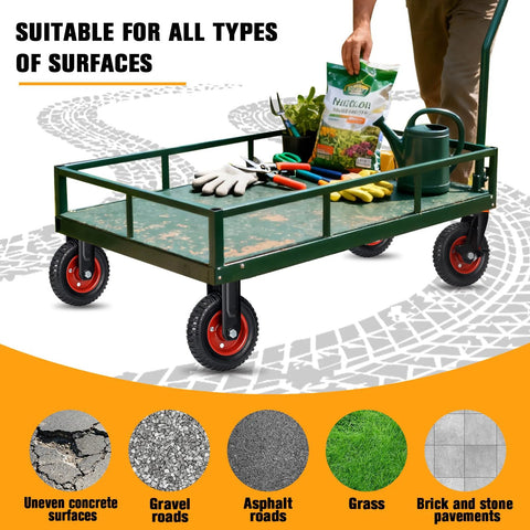 Garden cart with 8x2 inch heavy duty casters, suitable for uneven surfaces, featuring solid rubber wheels with knobby tread for stability.
