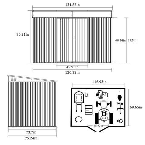 Dimensions and layout of 6x10 Ft Outdoor Storage Shed Galvanized Metal With Lockable Door And Vents Weatherproof Garden Patio