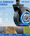 Close-up of all-terrain wheel from Foldable Collapsible Wagon Cart With All Terrain Wheels, Heavy Duty Utility Wagon Holds Up To 420 Lbs, Drink Holders, Enormous 200L Storage, Front Pockets, Ideal For Beach, Garden, Camping, Shopping, Groceries And Sports Gear designed for diverse surfaces.
