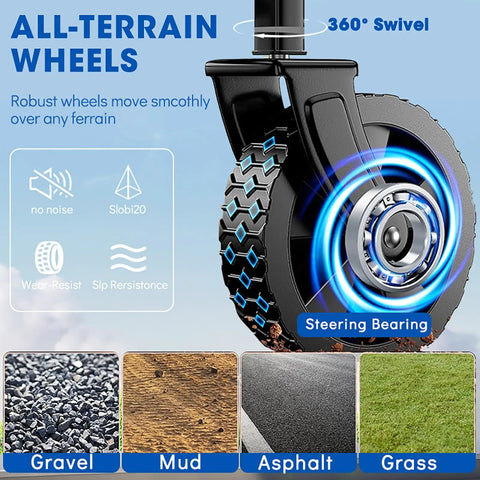 Close-up of all-terrain wheel from Foldable Collapsible Wagon Cart With All Terrain Wheels, Heavy Duty Utility Wagon Holds Up To 420 Lbs, Drink Holders, Enormous 200L Storage, Front Pockets, Ideal For Beach, Garden, Camping, Shopping, Groceries And Sports Gear designed for diverse surfaces.