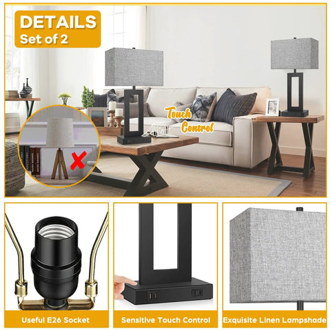 Set Of 2 Modern Touch Control Table Lamps With USB Ports For Nightstands, 22 Inch Large Bedside Lamps in a living room