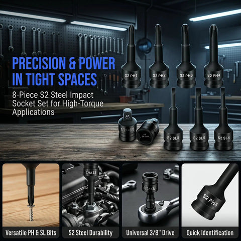 Heavy Duty Socket Adapter Kit With 8 Chrome Steel Bits Covers All PH And SL Sizes For Impact Wrench Use, 3/8" drive set