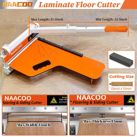 Laminate And Vinyl Floor Cutter 13 Inch With Wheel, shown on a wooden surface, highlighting max width 13 in, thickness 13 mm.