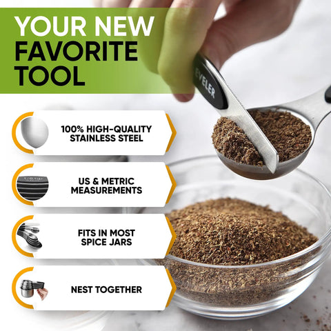 Close-up of a magnetic measuring spoon from the Magnetic Measuring Cups And Spoons Set With Heavy Duty Stainless Steel N45 Magnets
