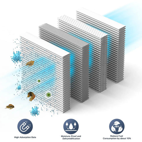 Illustration showing Premium Engine Air Filter layers for Subaru cars 2005-2018 models with debris filtration process visualization