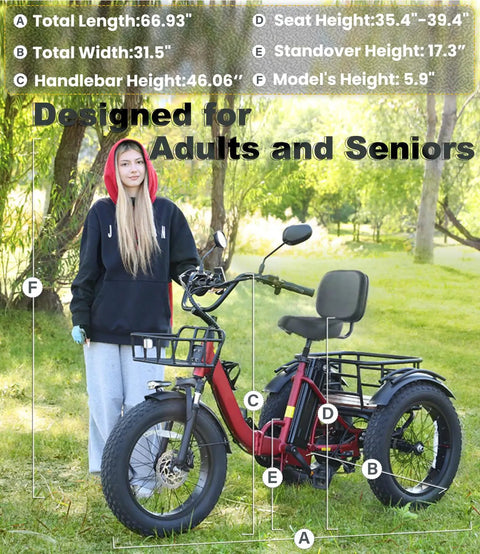 Electric Tricycle For Adults With Beast 1350W Motor, 48V 15.6Ah Battery, 20x4 Fat Tire Folding Trike, 3 Wheel Ebike, Up To 20 MPH, Differential Drive, Rugged Brown And Black Finish shown with dimensions