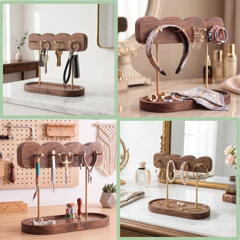 Lux Walnut Wave Entryway Organizer with Four Gold Hooks and Valet Tray showcasing keys, jewelry, and accessories on entry table.