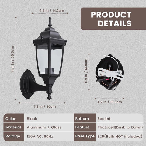 Photocell Dusk To Dawn Outdoor Wall Light dimensions, black die-cast aluminum and glass, wet location rated, E26 base