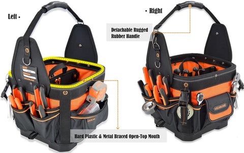 Open Top 24 Pocket Hard Base HVAC And Electrician Tool Bag With Rigid Bottom For Dry Tools 25 MOLLE Loops 6 Bit Slots And 2 Wire Loops Fully Packed Tote Carrier Caddy For Electricians And Pros On The Jobsite.
