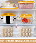 Clear Plastic Egg Cartons 50 Pack For 12 Eggs Each in fridge with food containers, showcasing space-saving design.