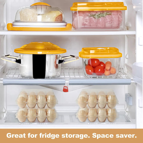 Clear Plastic Egg Cartons 50 Pack For 12 Eggs Each in fridge with food containers, showcasing space-saving design.