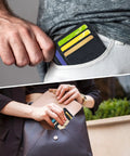 Ultra Slim Front Pocket Leather Wallet For Men And Women With RFID Blocking Tech Minimalist Card Holder Travel Ready Slim Wallet Everyday Carry Gift Idea In Cross Black in use, shown in pocket and bag.