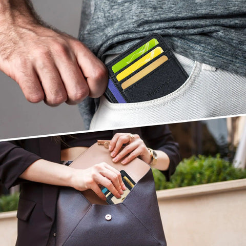 Ultra Slim Front Pocket Leather Wallet For Men And Women With RFID Blocking Tech Minimalist Card Holder Travel Ready Slim Wallet Everyday Carry Gift Idea In Cross Black in use, shown in pocket and bag.