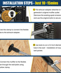 Installation steps for Top Shelf Generator Exhaust Extension Silencer Kit with flexible tube, adapters, and wall mount.