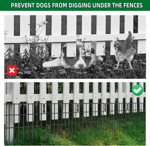 Easy No Dig Dog Fence 25 Panels Garden Barrier 17 Inch High By 27 Foot Long 1.25 Inch Gap Rustproof Metal Decorative Fence Border installed