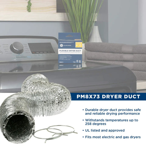 Flexible 4-Ply Aluminum Dryer Vent Duct Kit, 4 Inch Diameter, 8 Feet Long With Clamps, UL Approved, OEM PM8X73 in laundry room