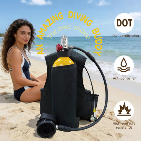 Compact 2L Scuba Tank Kit With Backpack And Regulator Hands Free Portable Dive Cylinder on beach next to seated woman